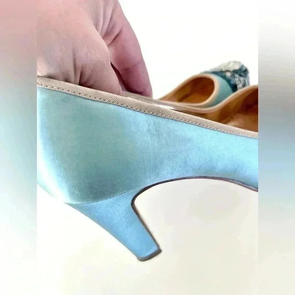 Miss Albright Bijou Teal Blue Satin & Beaded Sequin Rhinestone Cap Toe Heels - Picture 10 of 16